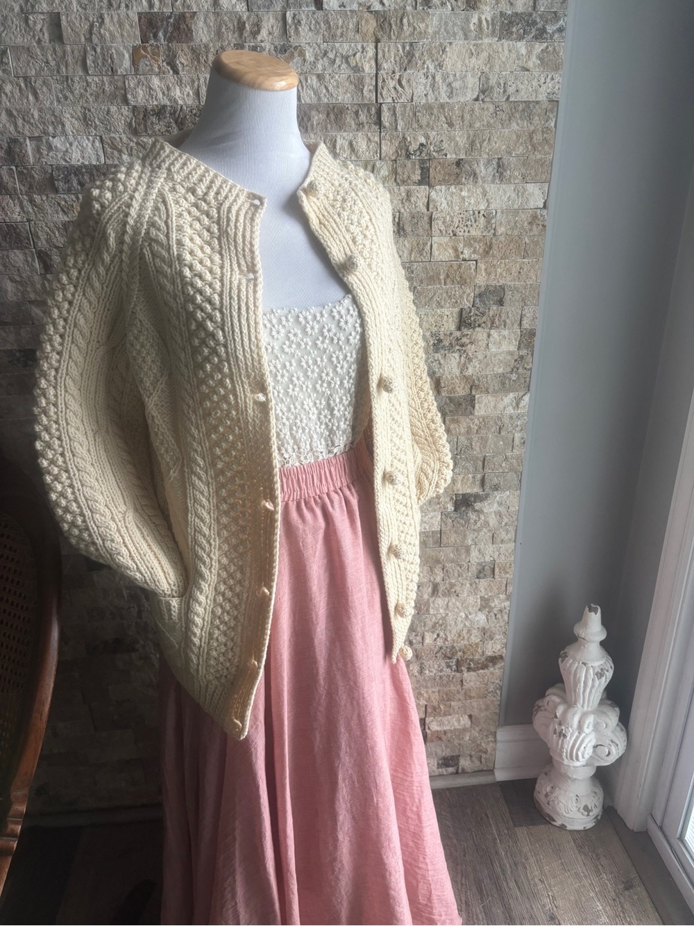 Cream Cable-Knit Button Cardigan Sweater - Women's
